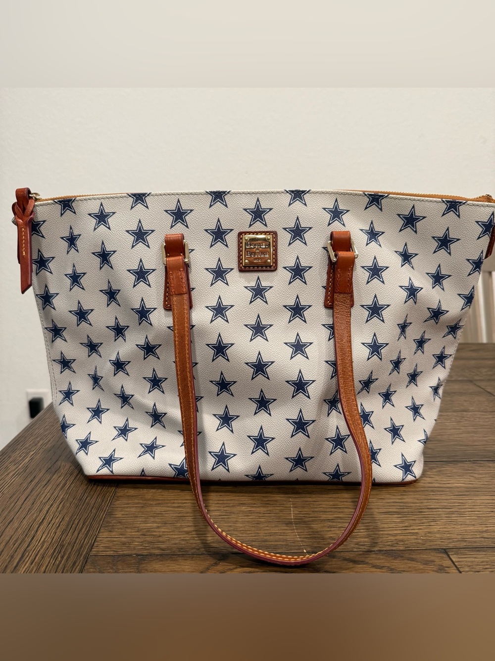 Dooney & Bourke White Tote with Navy Star Print and Tan Leather Trim